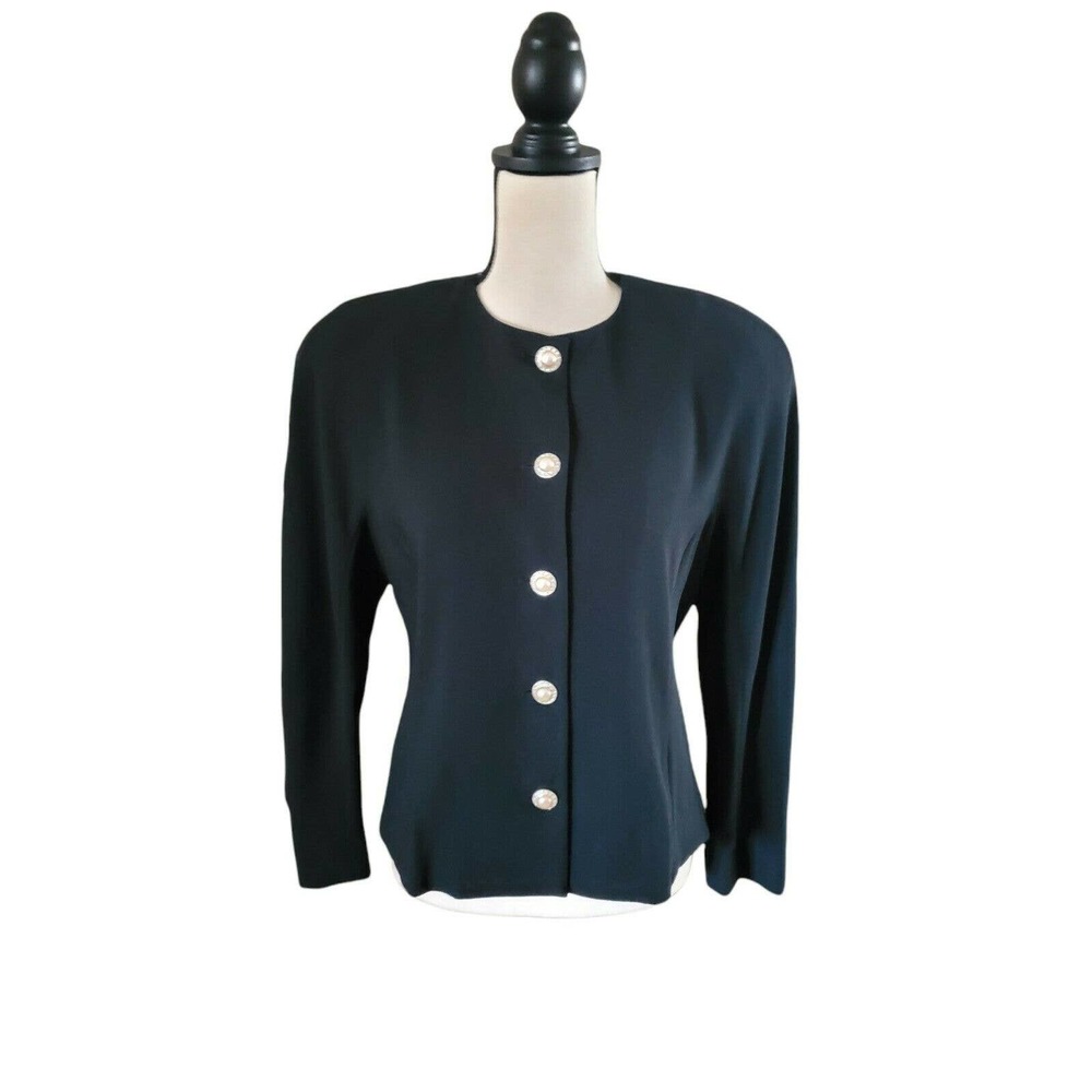Vintage Liz Claiborne Black Dressy Formal Jacket Faux Pearl Bling Buttons Sz 10